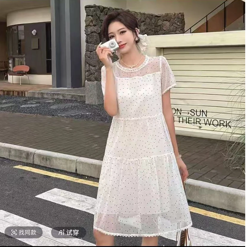 时尚减龄蕾丝边夏季小个子宽松显瘦波点连衣裙25876#