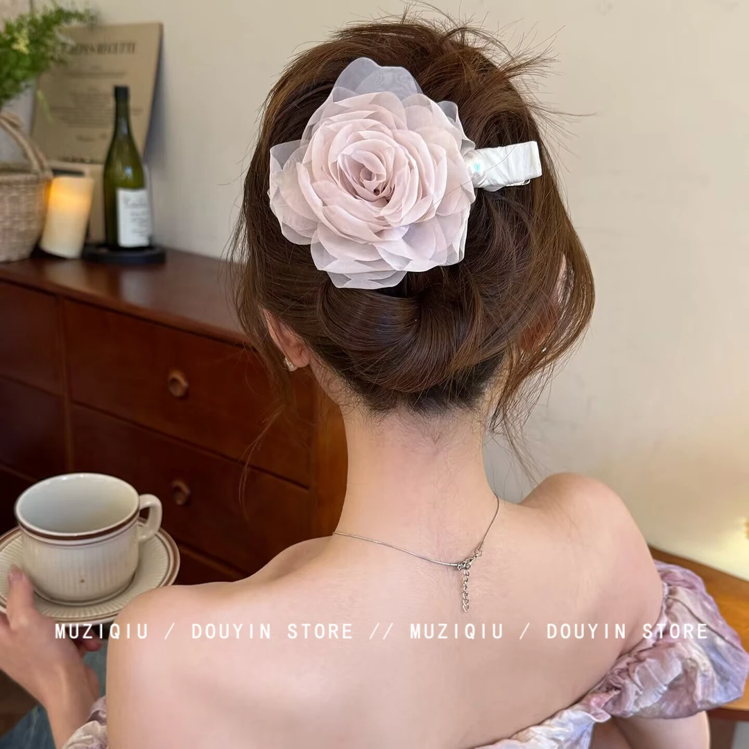 木子秋柔雾玫瑰~超仙网纱立体花朵鸭嘴夹ins高级感气质时尚搭发夹