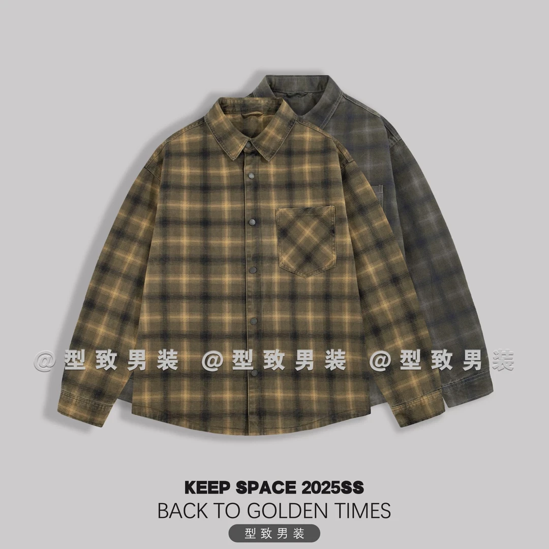 美式复古色织格纹工装衬衫夹克挺阔有型单口袋翻领外套25310#5052