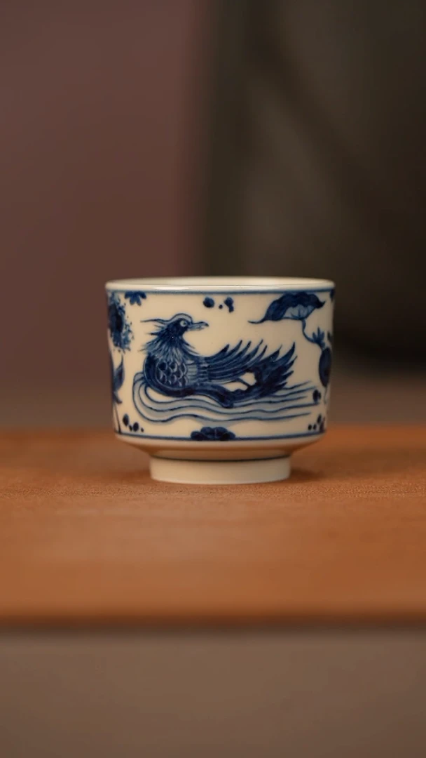 陶瓷幽蓝溪堂满池娇直口杯（2号釉）