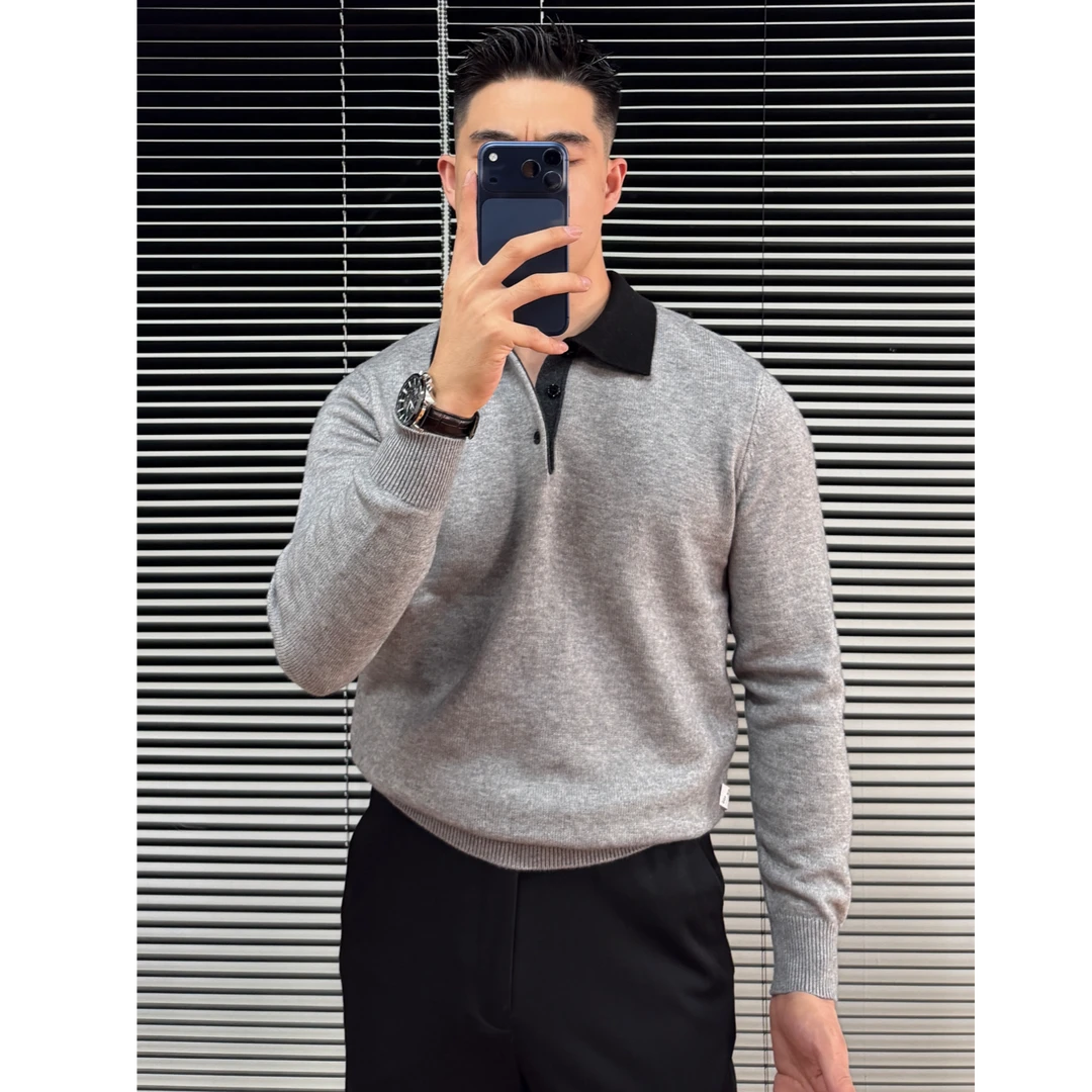 撞色翻领毛衣秋季针织毛衣男士秋冬拼色针织衫长袖衫翻领毛线衣