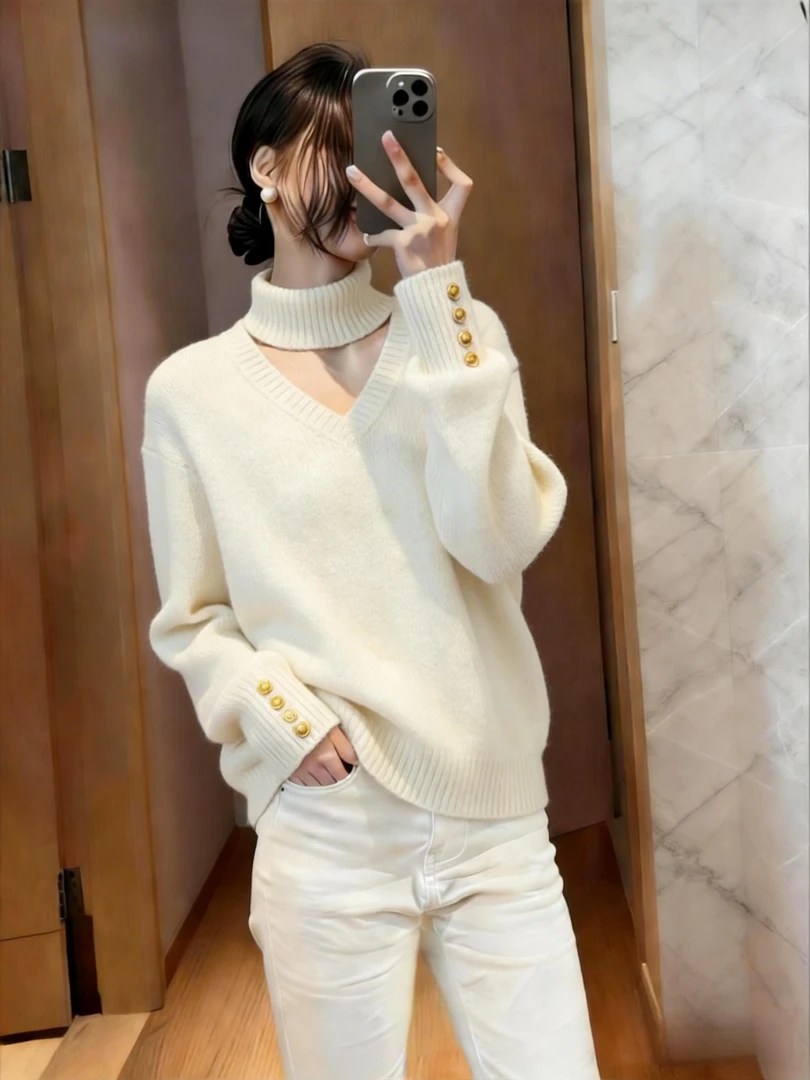 慵懒风韩系高领套头毛衣女秋冬新款软糯内搭设计感显瘦打底针织衫