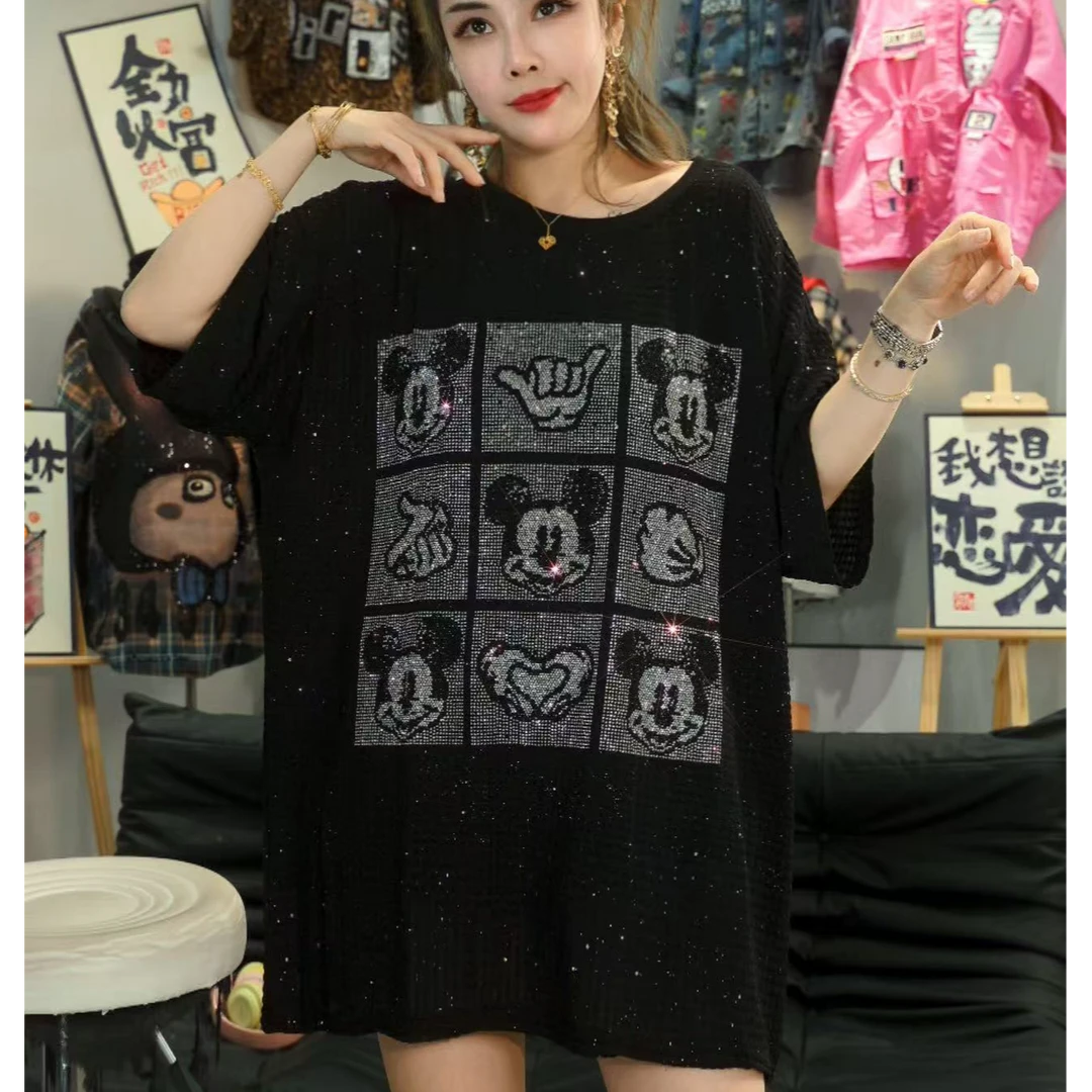 九宫格米奇-时尚不褪色短袖百搭宽松纯色镶钻夏季黑色卡通T恤6666