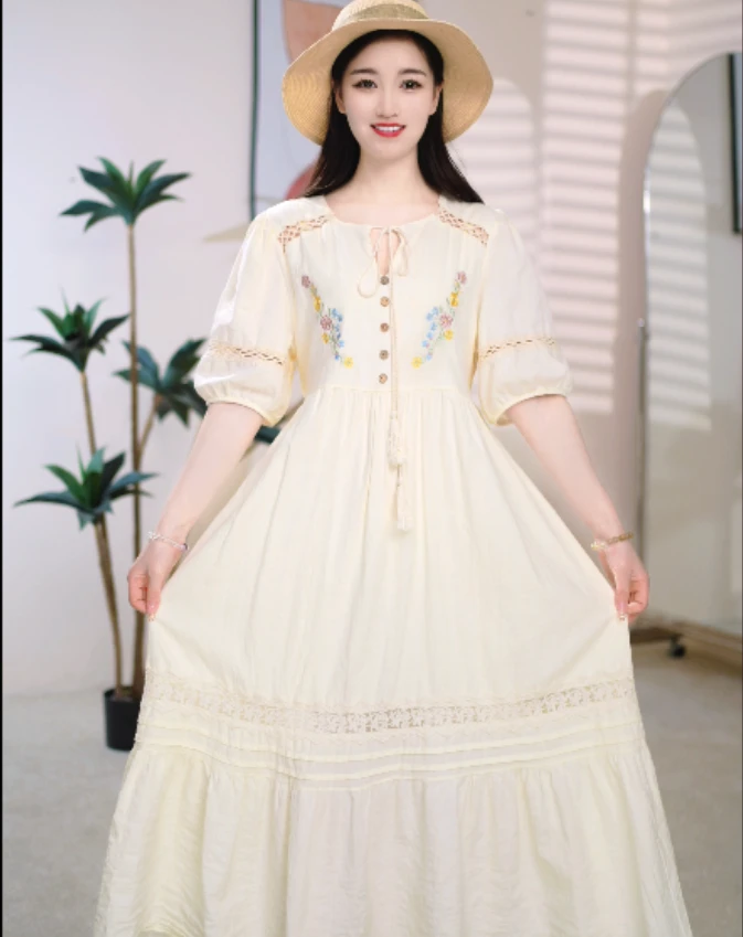 夏季新款新中式民族风刺绣款气质时尚中长款连衣裙-82066