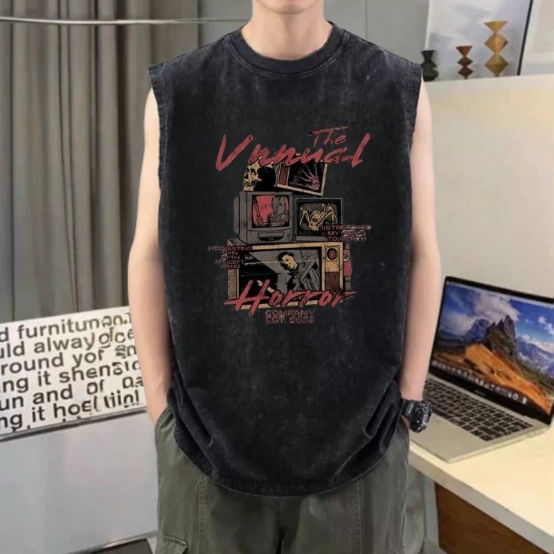 美式复古纯棉背心男夏季薄款无袖t恤男生水洗做旧ins潮流运动坎肩