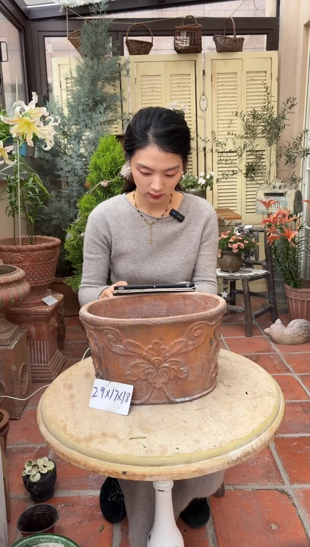 椭圆粗陶花盆花园摆件