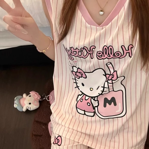 【DSYJ大睡衣家】甜美hellokitty睡衣女夏日新款休闲条纹套装家居服