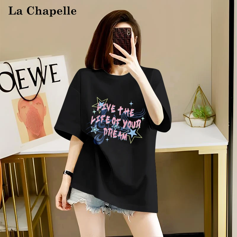 拉夏贝尔黑色韩版短袖女款爆款2025新款纯棉T恤ins欧美上衣服潮牌