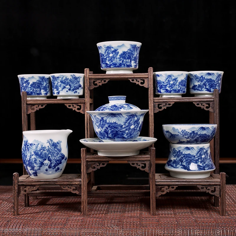 【精品茶具】景德镇制高白泥元宝山水青花瓷家用功夫茶具高档陶瓷