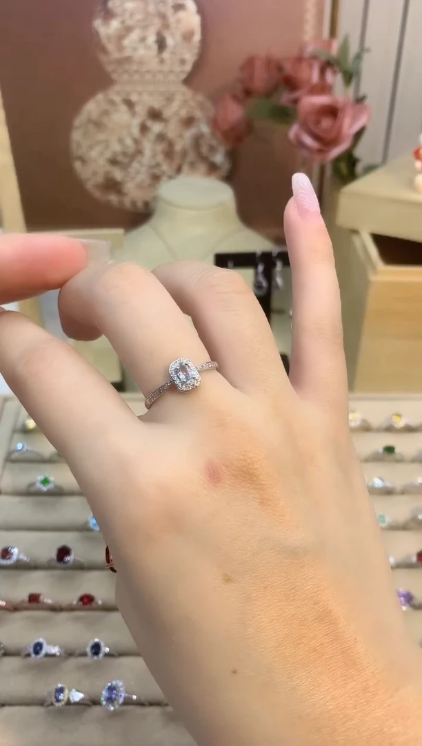 银S925镶嵌戒圈海蓝宝石方切