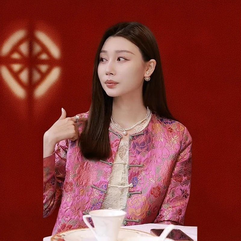 VALVOELITE新中式高端玫红色外套女国风唐装上衣独特超好看小香风