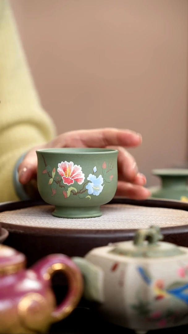 茶壶紫砂豆青砂将军杯红蓝花