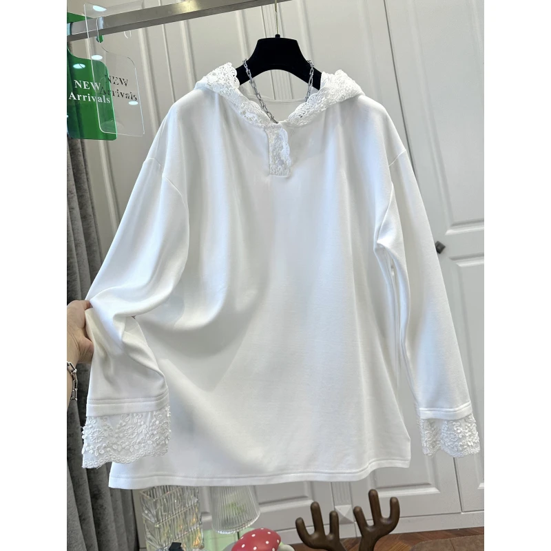 法式蕾丝连帽白色长袖针织衫女打底衫叠穿时尚宽松2025春季新款