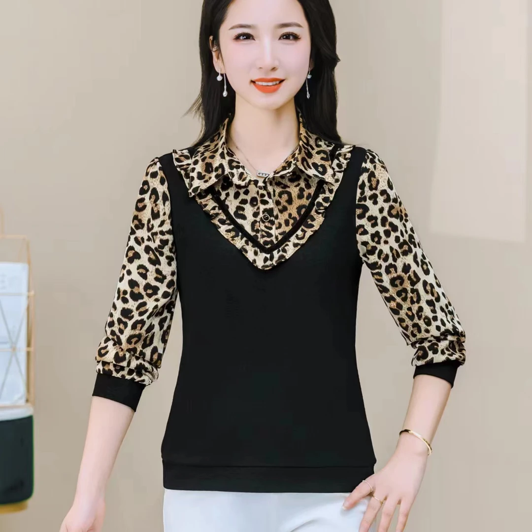 新款假两件豹纹拼接衬衫女2025春季中年妈妈装遮肉显瘦外穿小衫