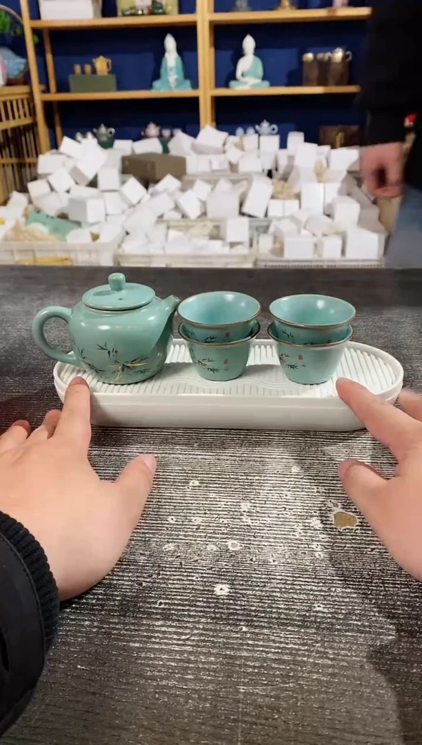 【闪购商品】其他天青汝窑富竹手执壶+4杯+茶盘