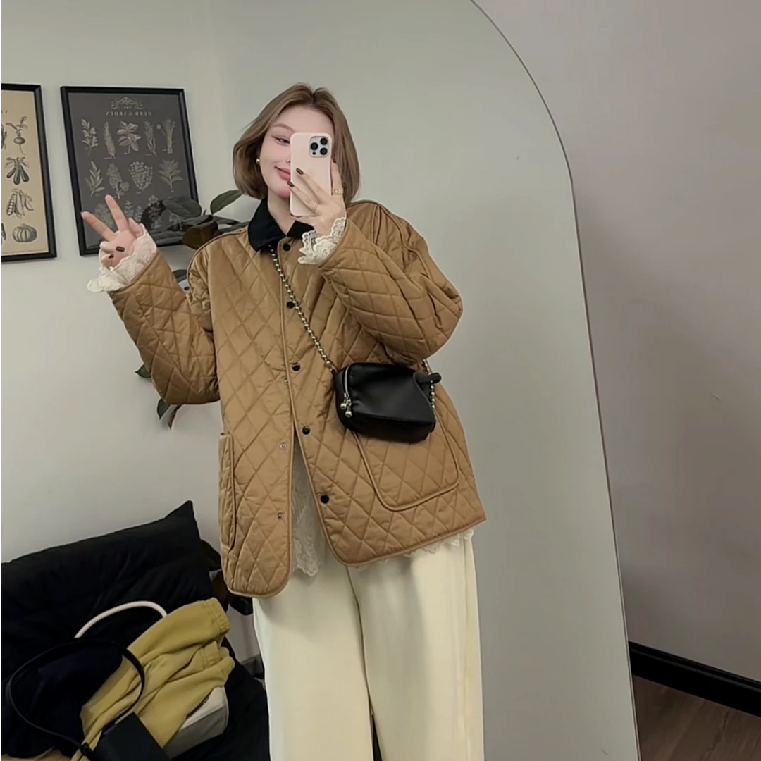 【瘦瘦】咖色菱格-秋冬翻领撞色百搭宽松慵懒风巴宝棉服外套S01127