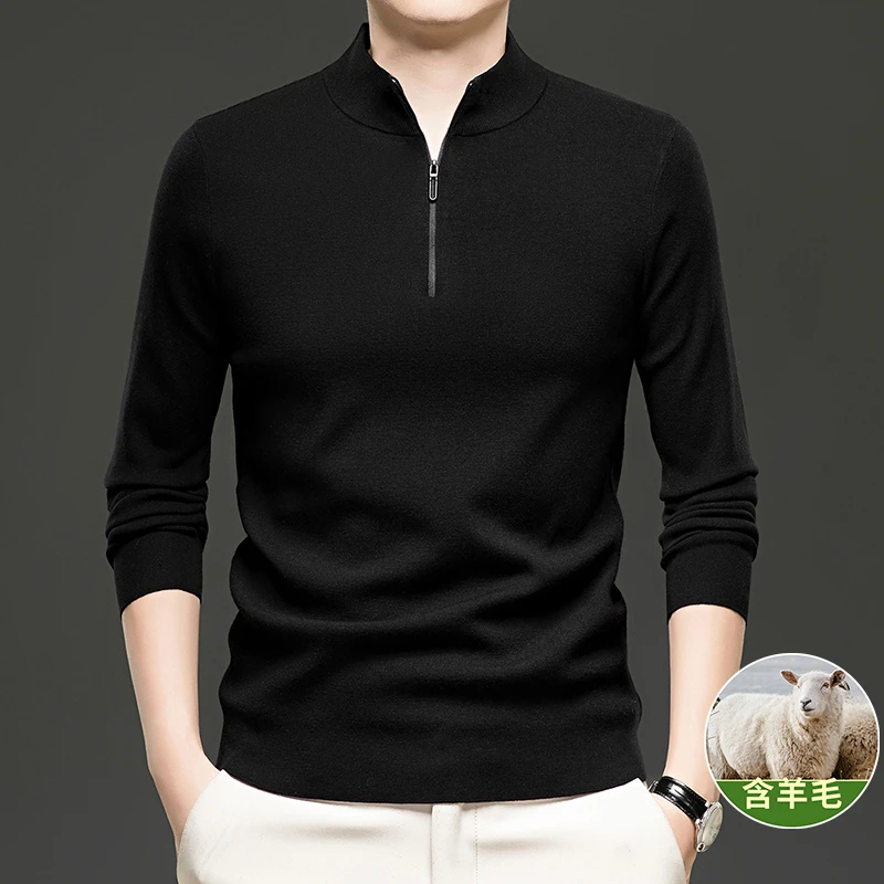 2025早秋男士商务休闲日常长袖羊毛针织衫纯色半拉链立领半高领