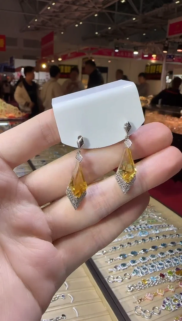 银S925镶嵌耳饰黄晶8*14mm耳坠