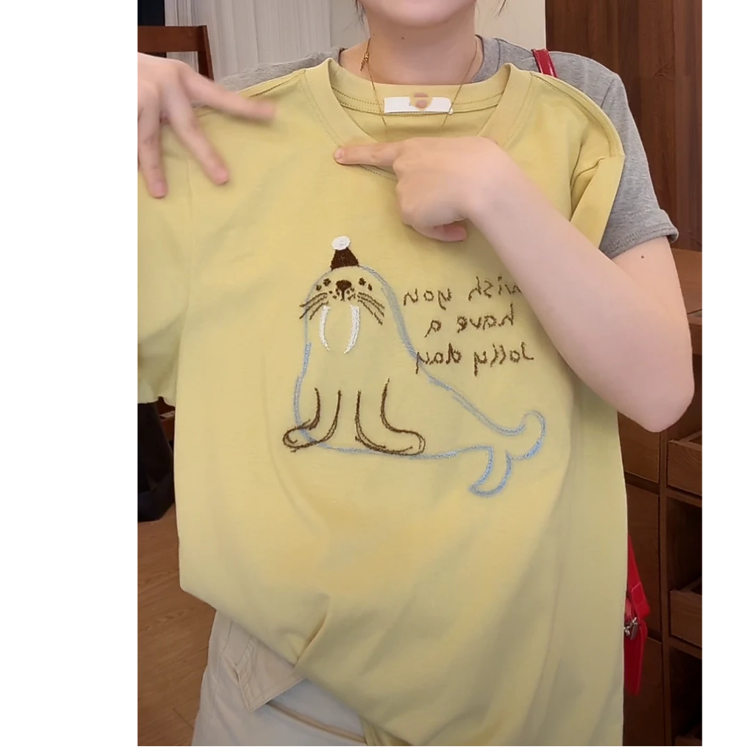 设计感小海狮刺绣圆领正肩短袖韩版T恤女2025春夏季百搭半袖上衣