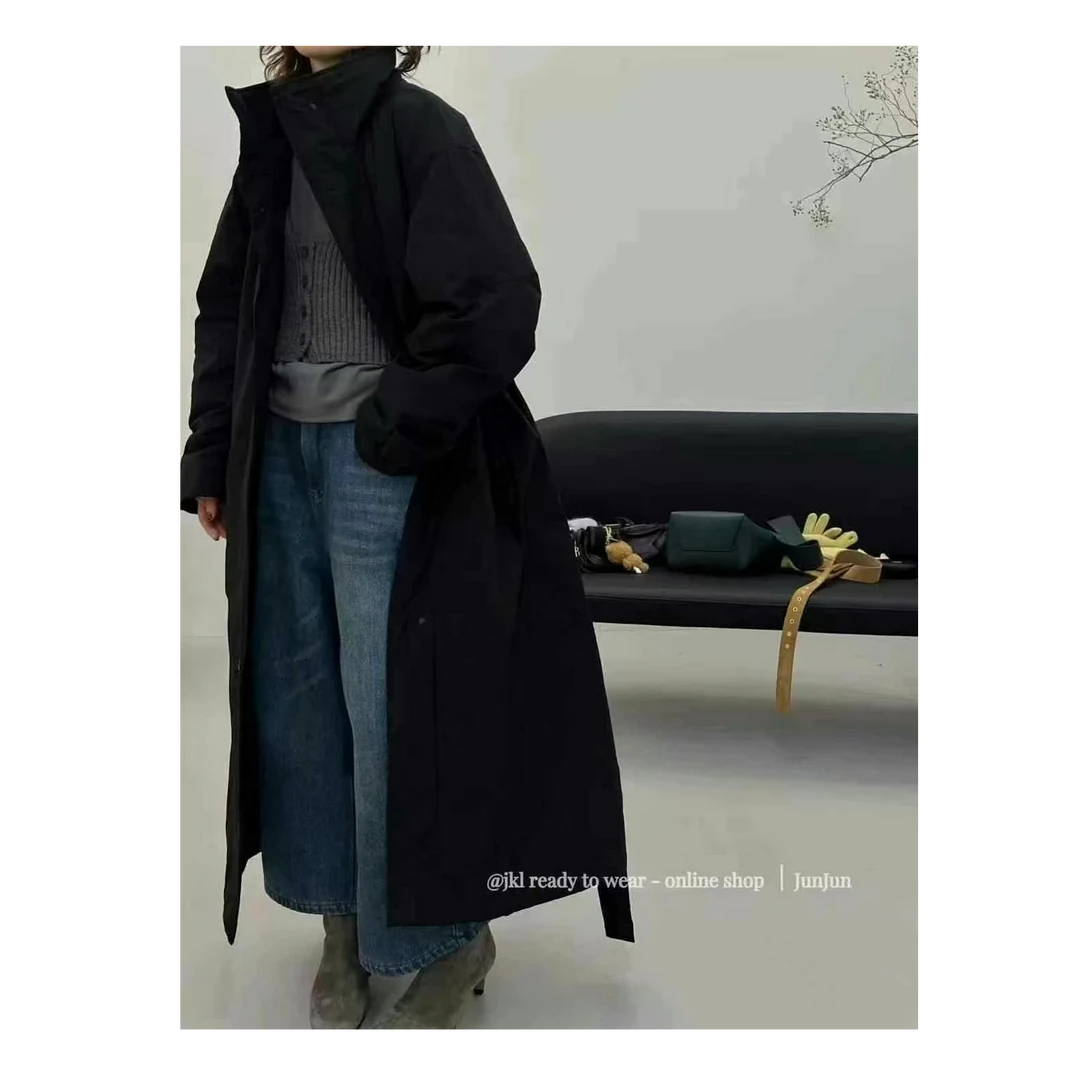 9055，货立领收腰气质中长款过膝风衣外套派克服