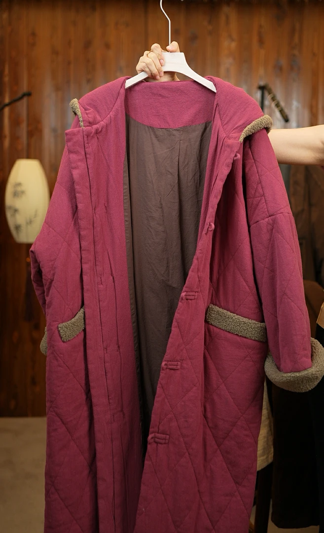 山木间纯亚麻拼接款中长棉服36013