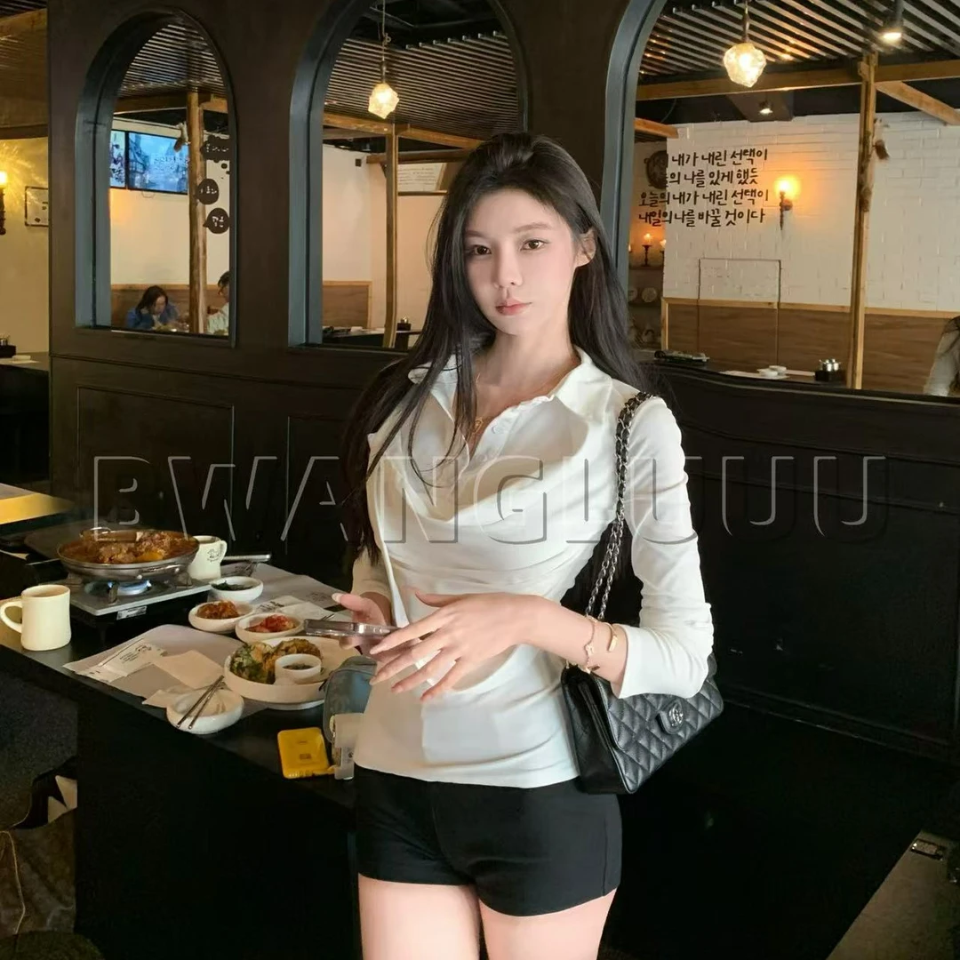 【徐徐啊】舒适区-白色荡领假两件长袖女设计感修身内搭打底衫上衣