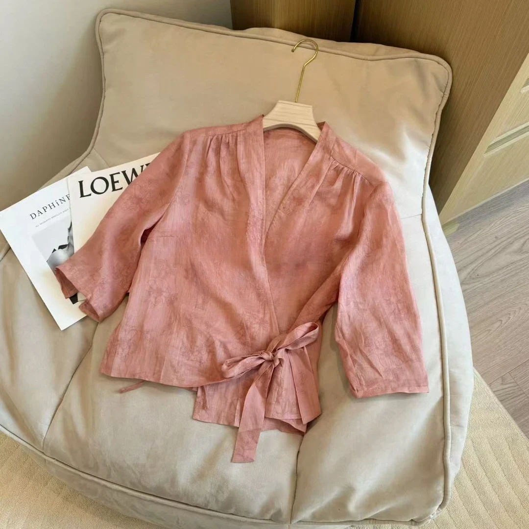 夏季韩系提花V领显瘦绑带设计上衣洋气小衫