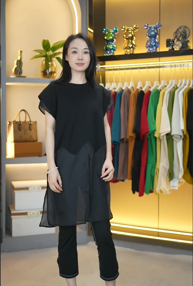 欧货大码时尚潮圆领T恤拼接欧根纱显瘦洋气宽松打底百搭休闲上衣