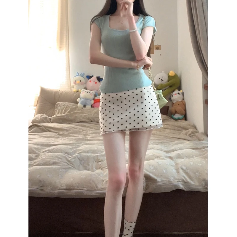 绿色U领正肩针织短袖T恤女夏季独特多巴胺穿搭上衣波点半身裙套装