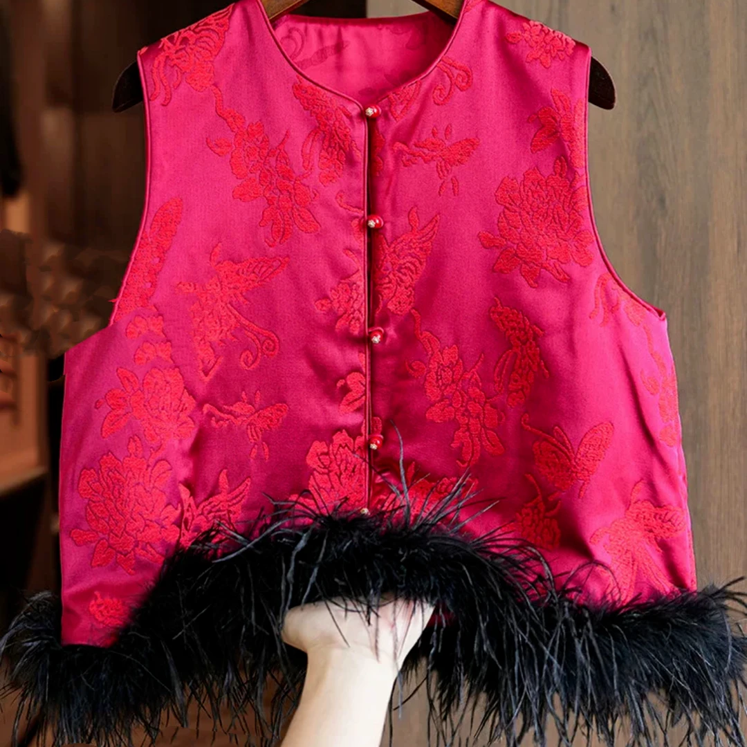 （1314）新年冬季轻奢新中式红色拼接毛毛马甲