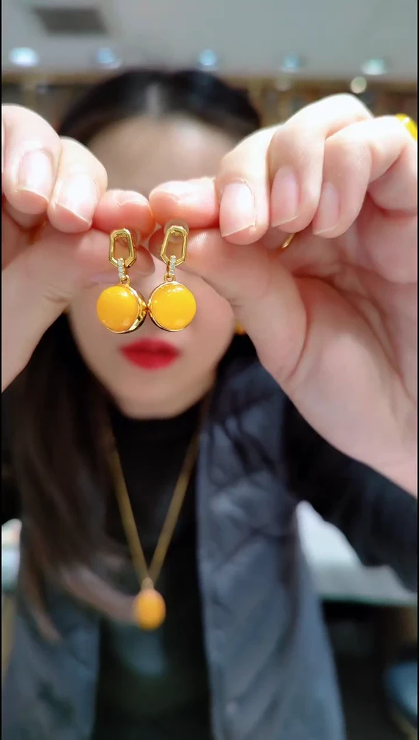 蜜蜡银S925镀金镶嵌珠宝奇石﹣A497蜜蜡耳坠