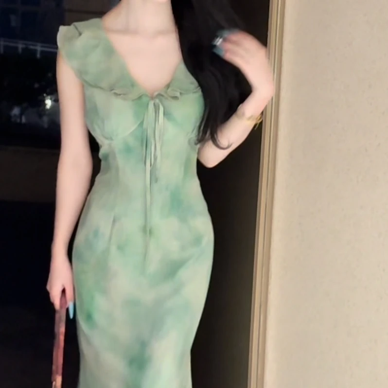 LHMknk1画报夫人原创自制收腰新中式夏季连衣裙显瘦 罗邻家碧玉