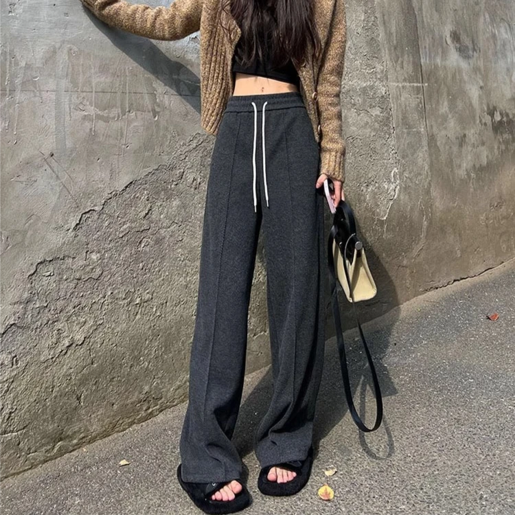 春季新款高个子175毛呢人字纹休闲裤窄版直筒阔腿裤加长女裤