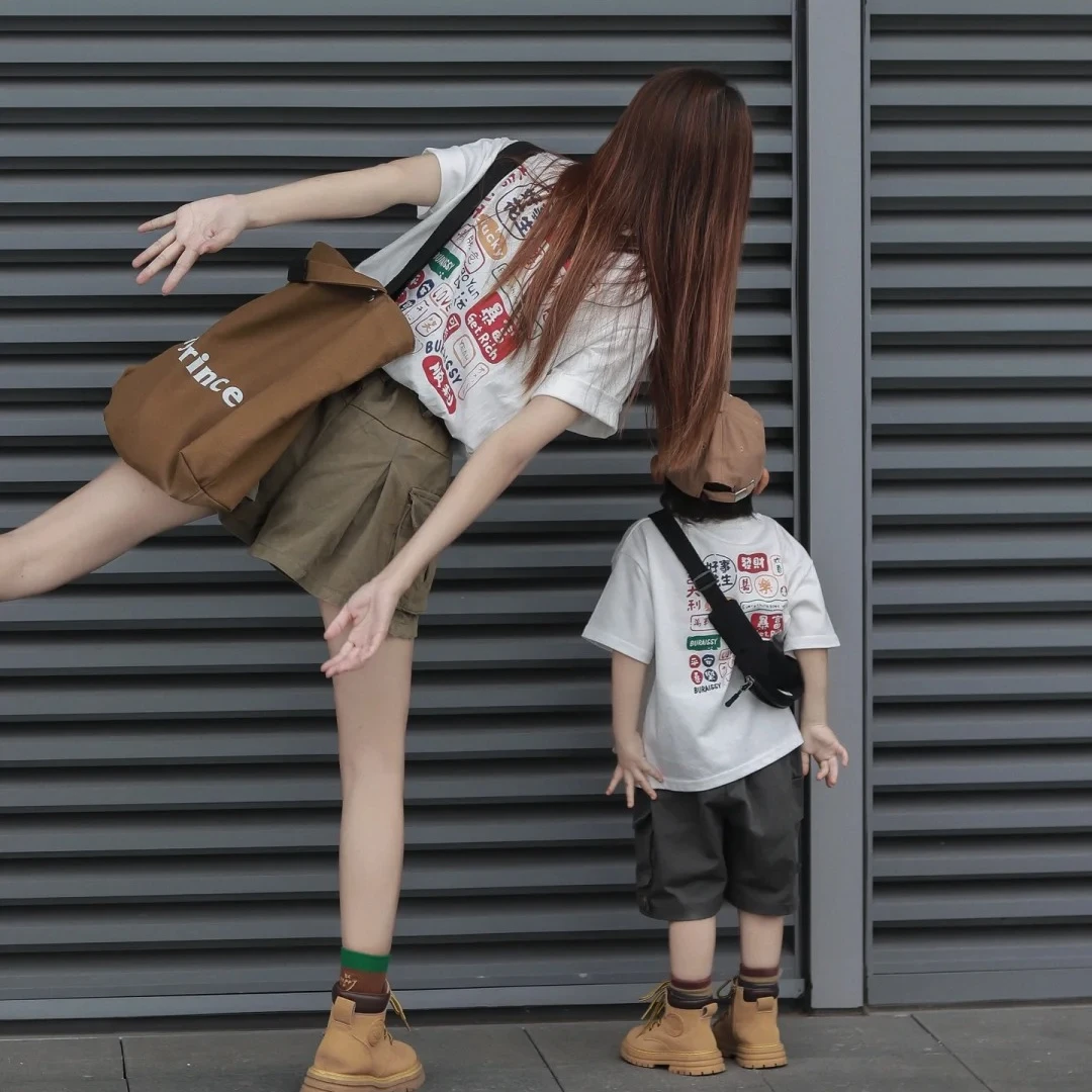 全棉高端亲子装一家三口四口夏装母女母子装新款潮喜乐喜庆短袖T