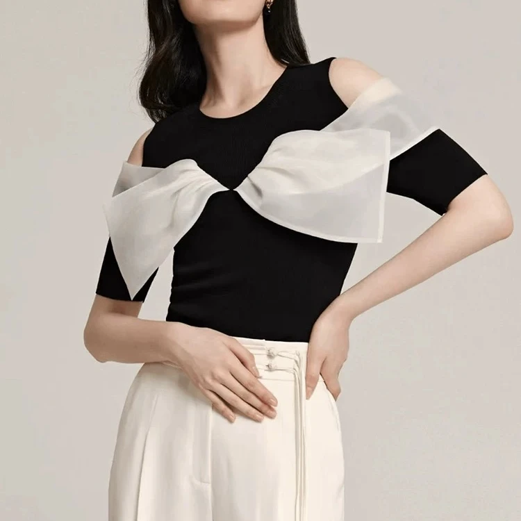 黑色露肩蝴蝶结拼接套头针织衫女2025夏新款显瘦性感气质百搭上衣