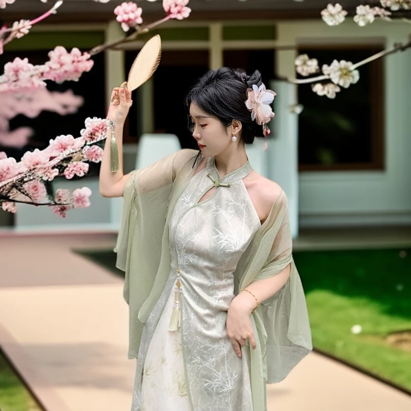 竹影皓月国风中式夏季提花拼接印花挂脖旗袍连衣裙开衫两件套