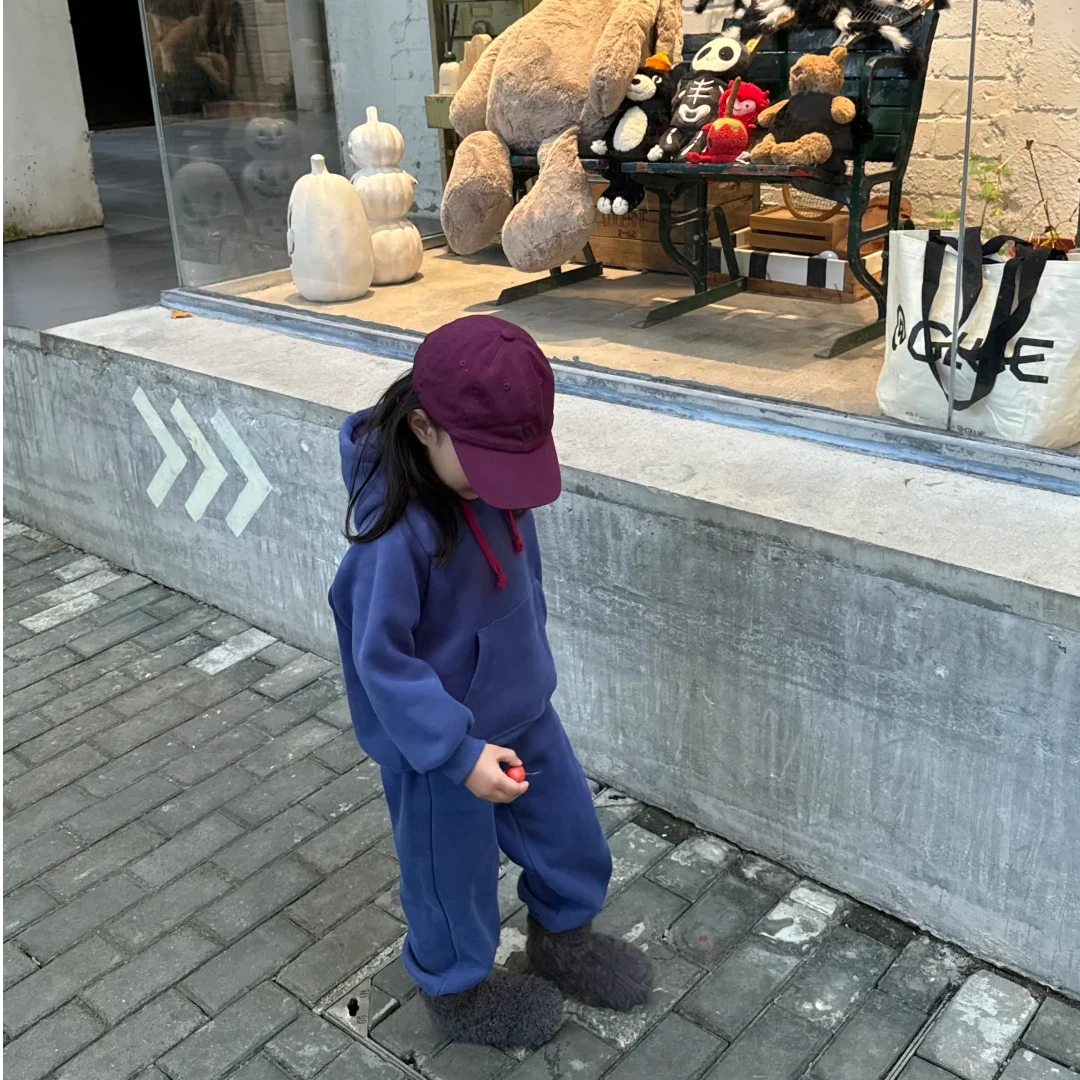 壹妈童装男女通用韩版蓝色秋冬休闲连帽加绒儿童套装时髦休闲风