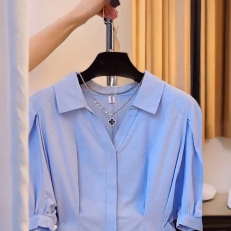 大码女夏季收腰短袖衬衫胖mm显瘦泡泡袖法式小衫独特别致半袖上衣