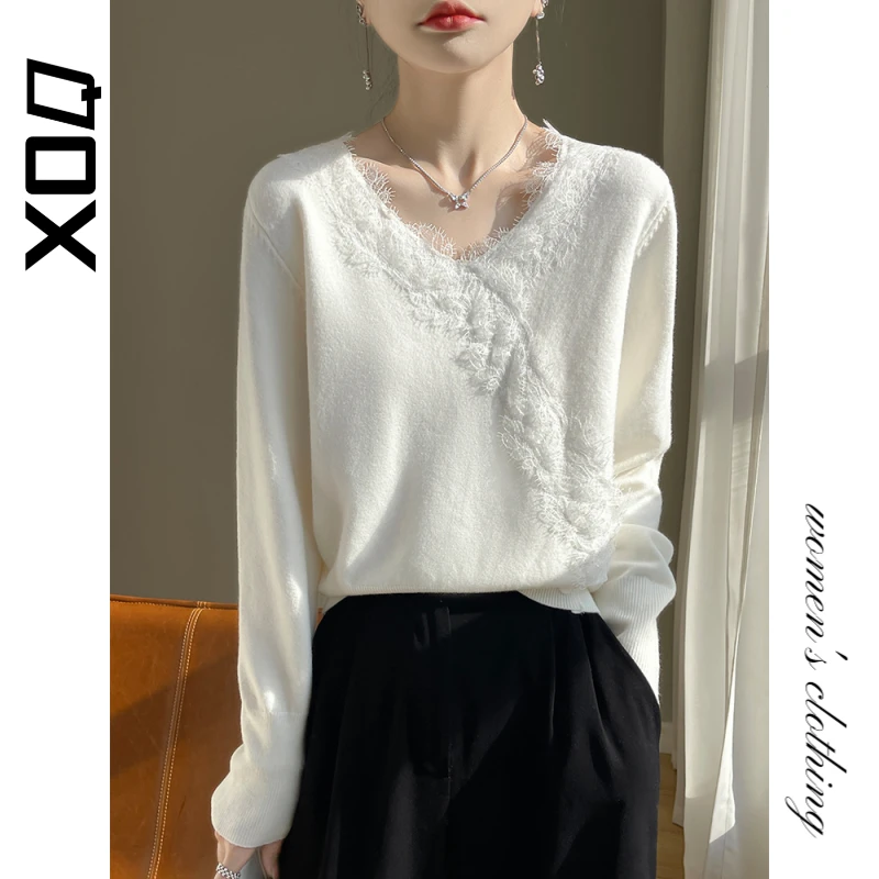 XOQ软糯小衫毛衣女2025秋冬新款内搭针织衫上衣小香风蕾丝打底衫