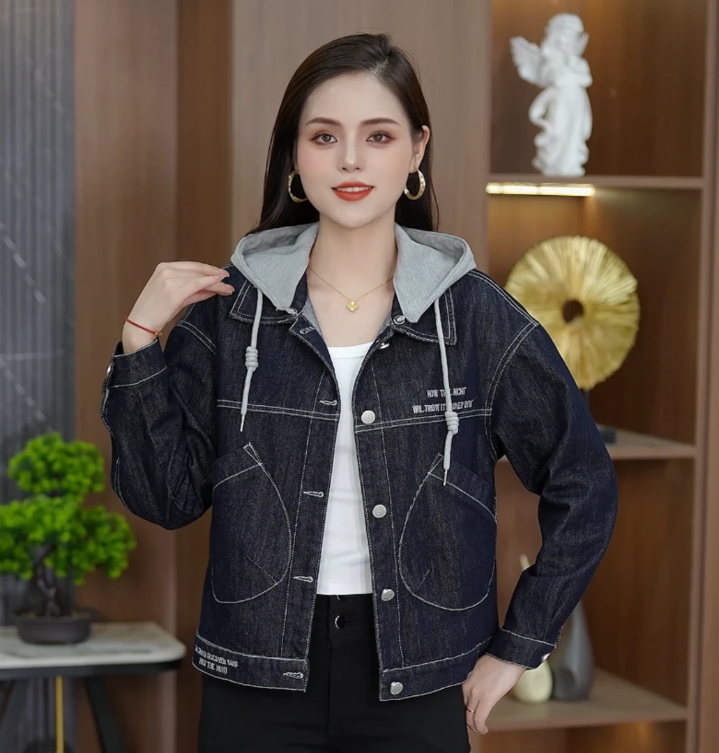 时尚休闲连帽短款刺绣落肩袖女百搭短外套宽松显瘦韩版春秋牛仔