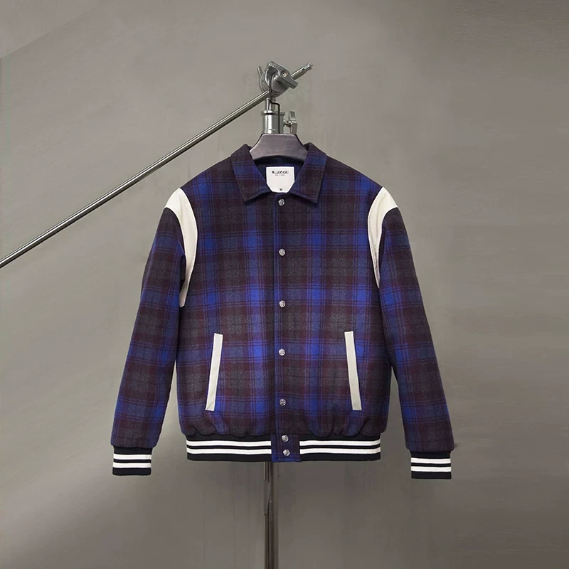 K01-121913-WHO秋冬季（加厚）毛呢格纹时尚潮流棒球夹克