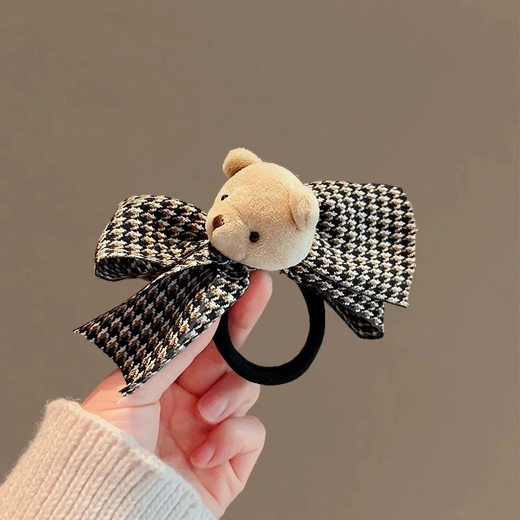 韩系小乖熊蝴蝶结发圈可爱卡通黑白格子发绳低马尾扎头发头绳发饰