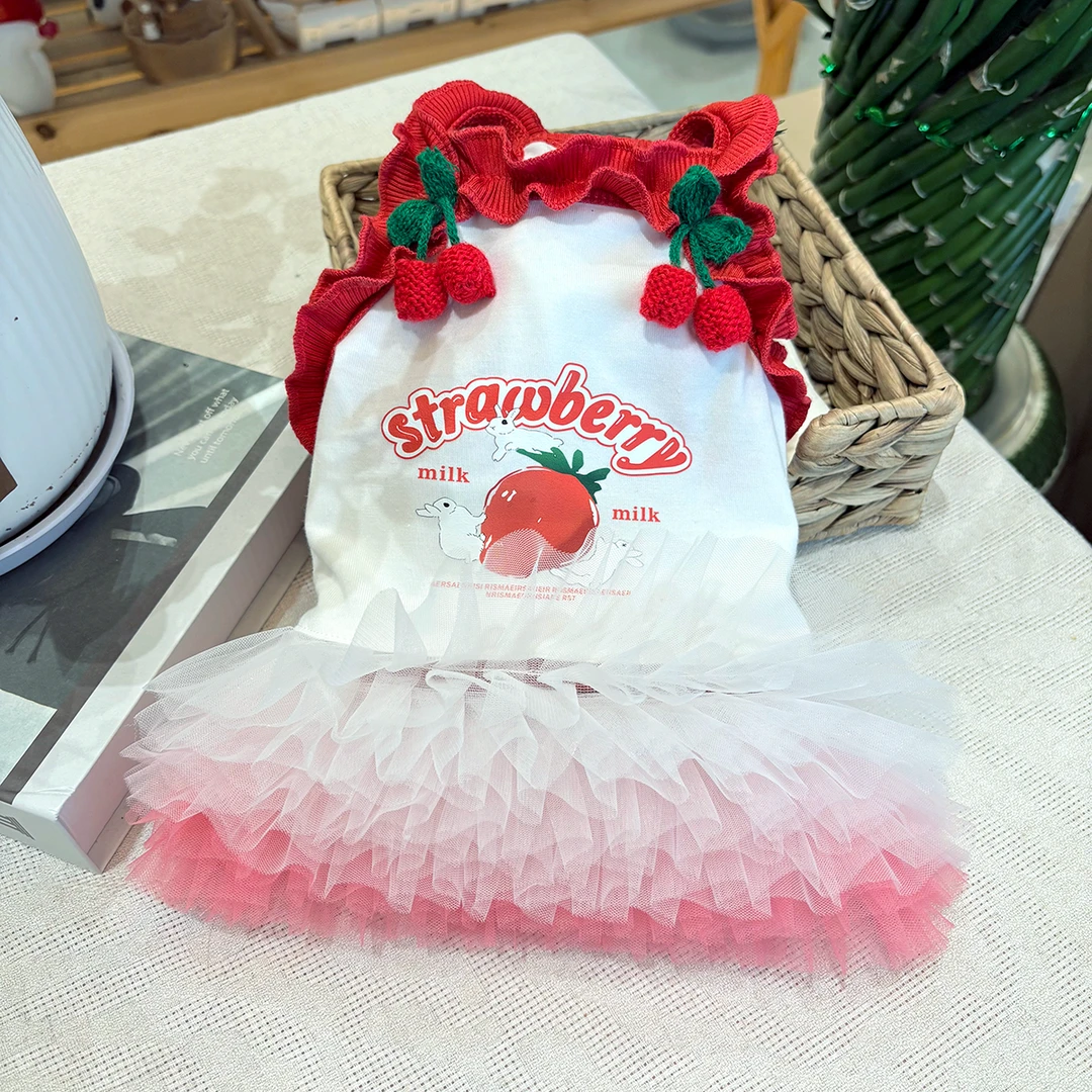 宠物狗狗猫咪衣服吊带裙小型犬猫咪车厘子印花舒适蓬蓬裙纱裙