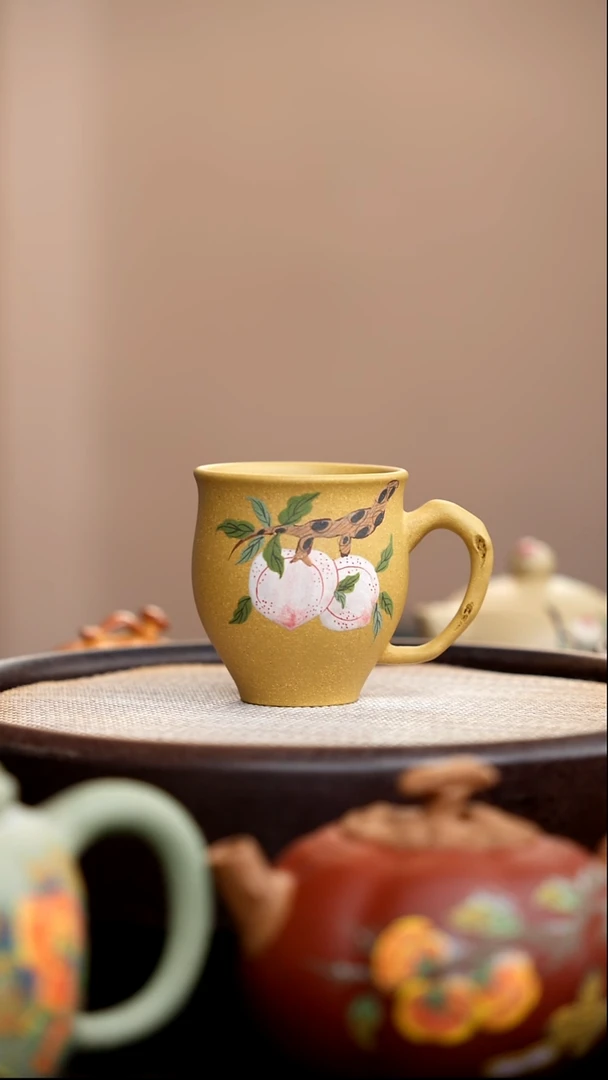 茶壶紫砂黄金段泥绘双桃手把杯