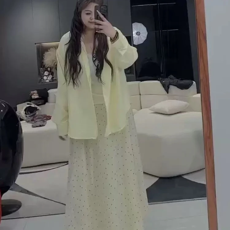 大码法式少女感穿搭套装女夏季胖mm显瘦防晒衬衫背心半身裙三件套