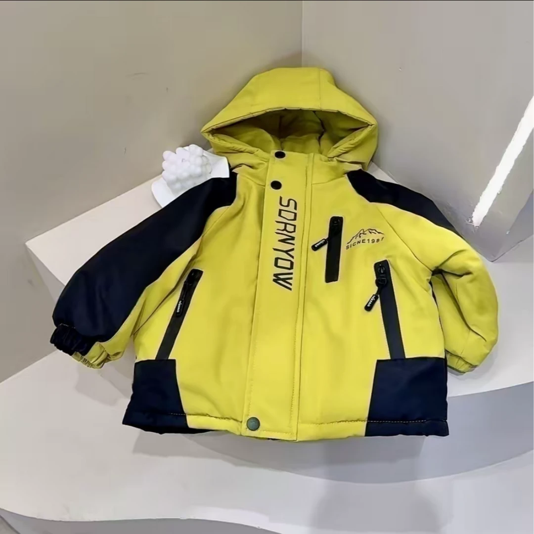 儿童冬季加绒加厚仿兔毛棉衣2025新款男童连帽撞色设计款派克服