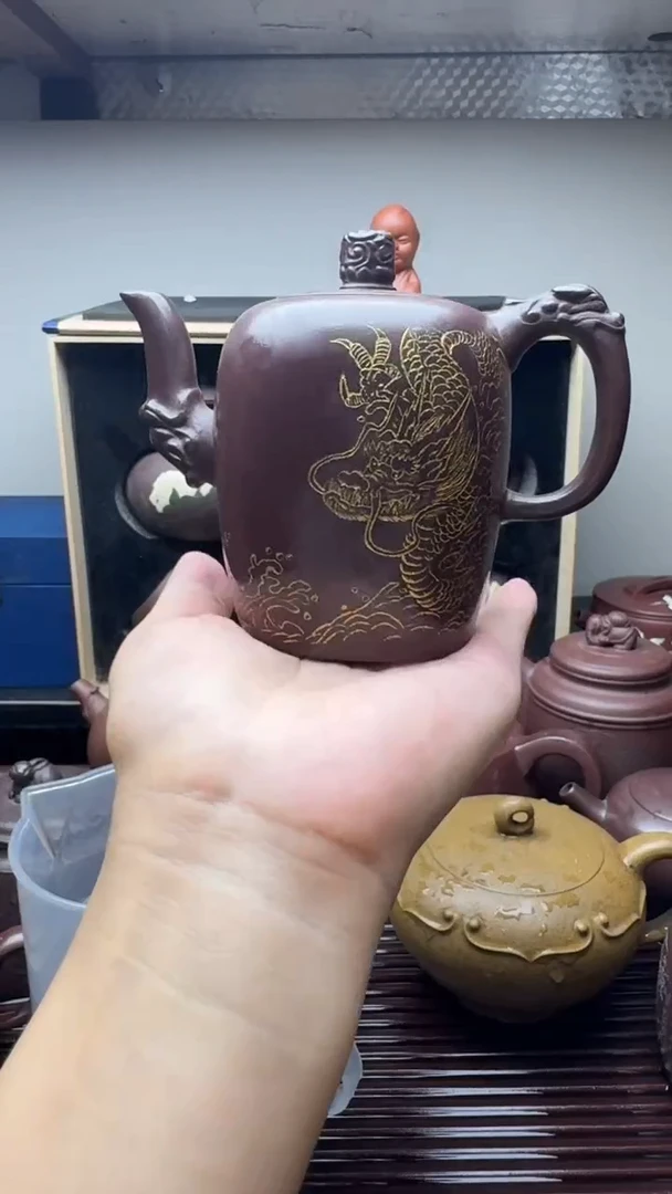 茶壶紫砂祥龙瑞云壶老紫泥描金刻绘龙300cc