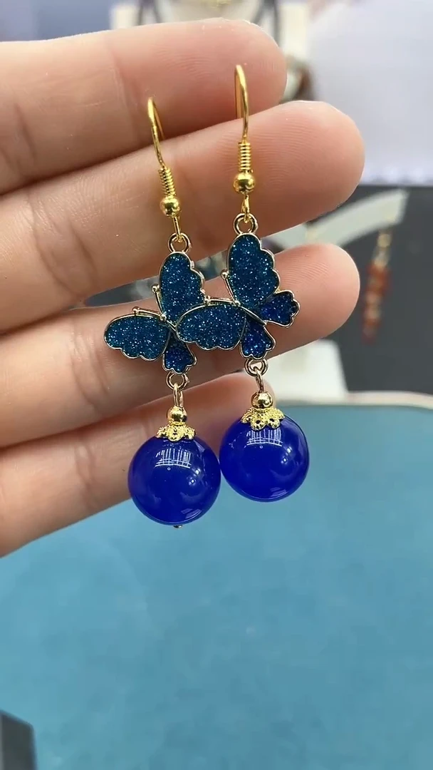 【闪购商品】玛瑙/玉髓耳饰14K金镶嵌蓝色蝴蝶耳钩