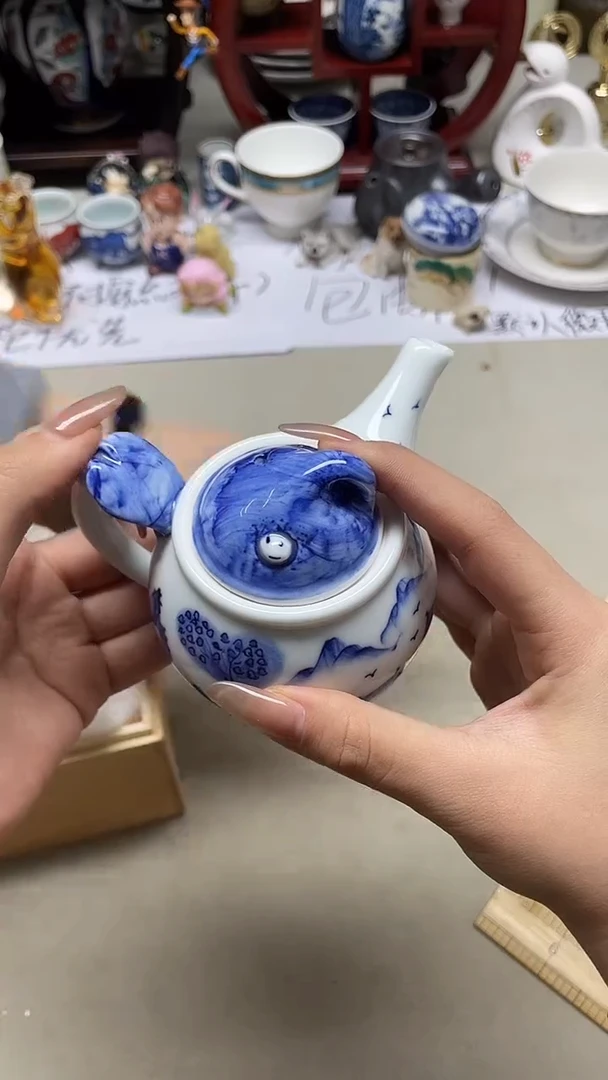 瓷片清水烧青花侧把壶