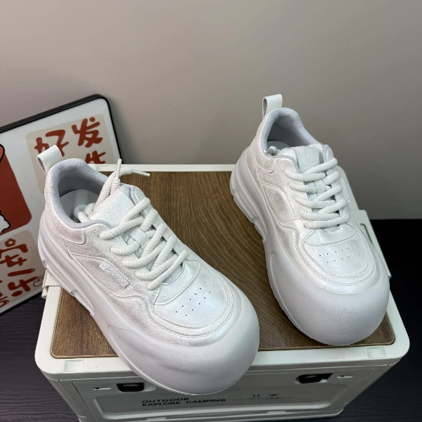 真皮面包鞋厚底休闲鞋丑萌大头松糕鞋2024春季系带增高小白鞋